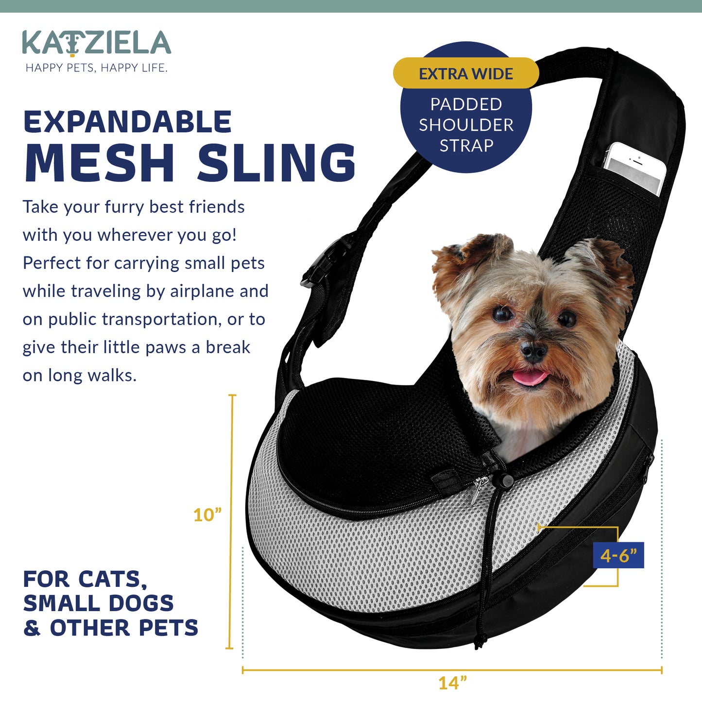 Katziela® Expandable Sling Bag - Front Shoulder Pet Carrier for Small Dog, Cat and Puppy (Gray)